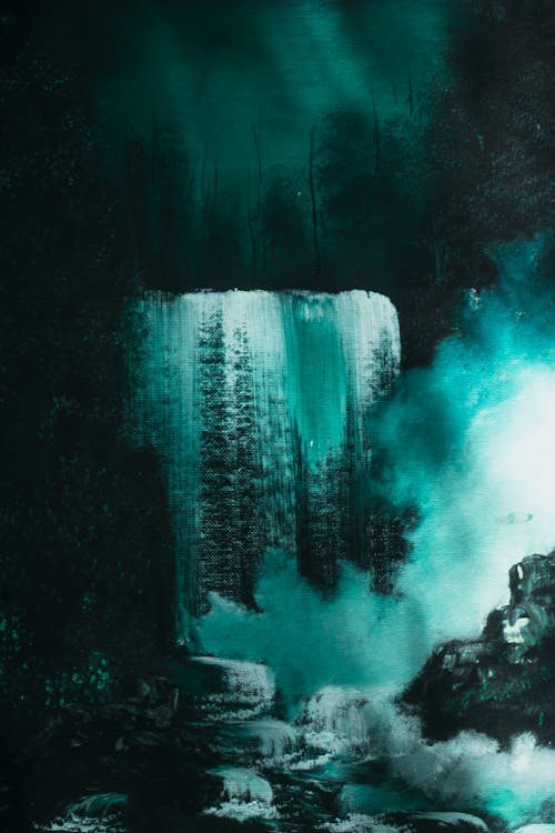 Free Painting of waterfall in dark nature Stock Photo