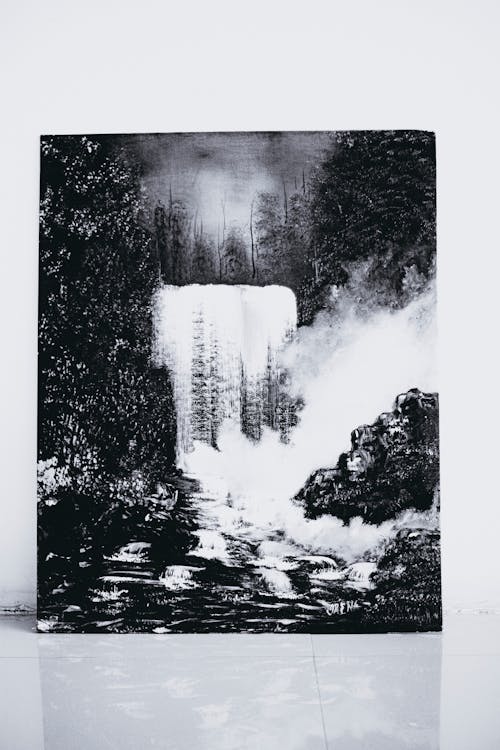Painting of waterfall and river in mountains with trees