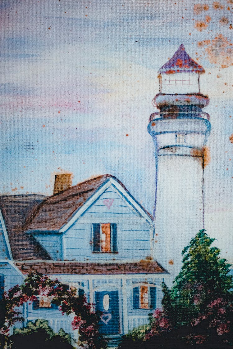 Artwork Of House And Beacon Under Sunset Sky