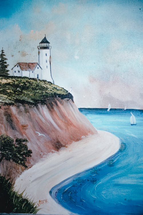 Artwork of endless ocean with sailboats against sandy shore and lighthouse on mount under cloudy sky