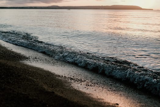 A serene beach setting with gentle waves lapping at the shore, captured at sunset.