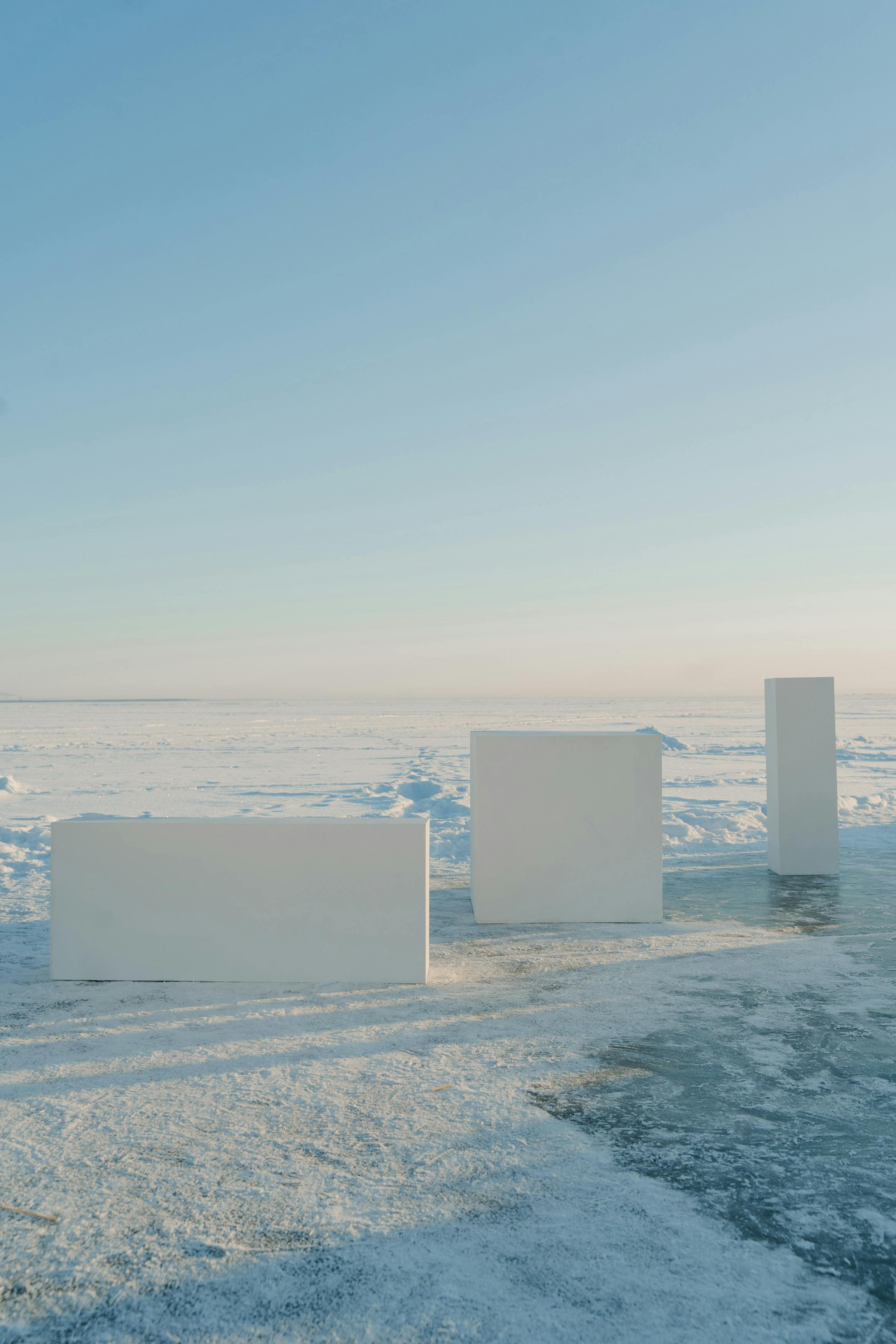 white platforms on a snow covered ground