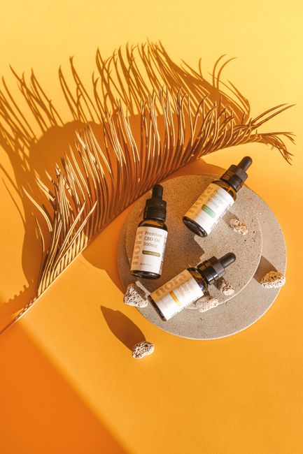 Aesthetic display of skincare serum bottles with palm leaf shadow on vibrant yellow backdrop.