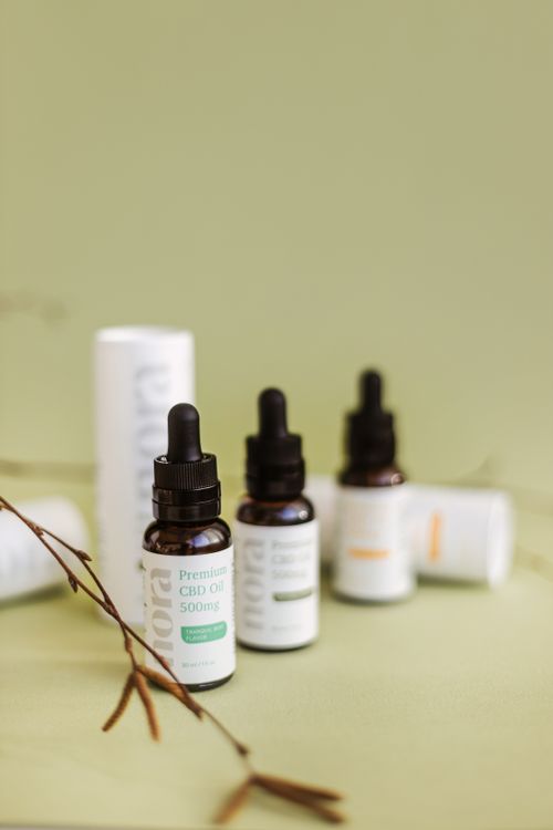 Free Studio photo of premium CBD oil bottles with natural accents on a green backdrop highlighting product design and packaging. Stock Photo