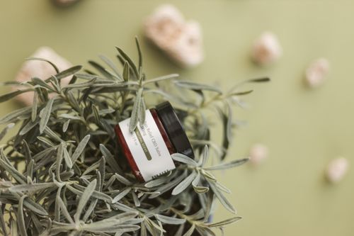 Free Natural CBD salve jar surrounded by green leaves and stones, showcasing organic skincare. Stock Photo