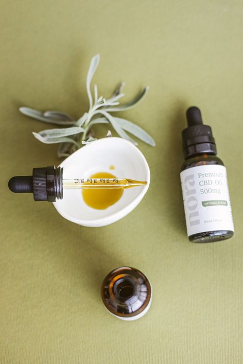 Free Aromatic CBD oil with a dropper and a glass bottle on a green background. High-angle composition. Stock Photo