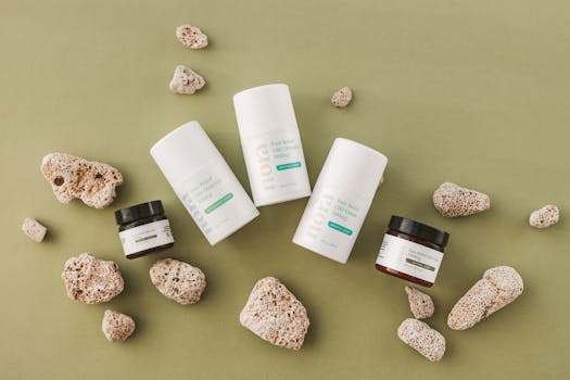 CBD containers styled with rocks on a green background, showcasing medical products.
