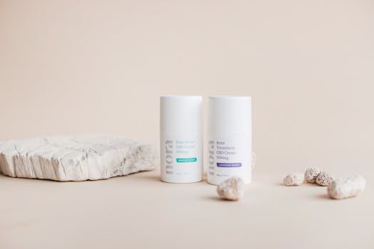Elegant studio shot of CBD creams with natural stones on beige background, perfect for skincare branding.