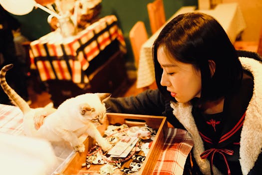 一名年轻女子在舒适的环境中，与一只猫在铺满彩色织物的桌子上互动