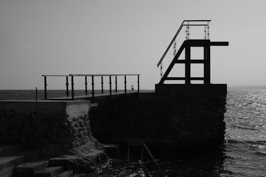 A striking black and white silhouette of a seaside dock with railings and a diving platform against the sea.