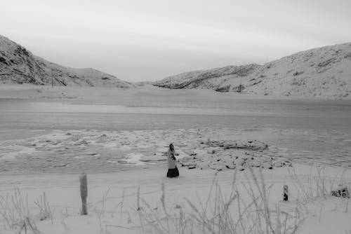 Grayscale Photo of a Woman in Fur Coat Standing on a Snow-Covered Field