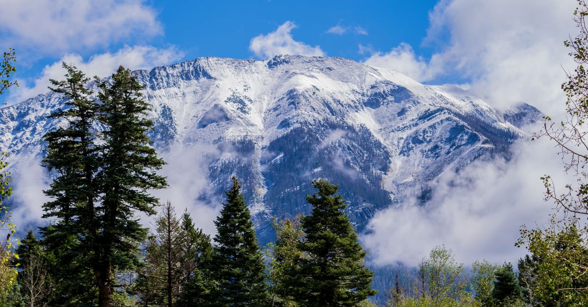 Scenic view of snow-capped mountain with evergreen trees and blue sky in Pagosa Springs, Colorado.