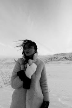 Black and white photo of a woman in winter coat standing in a snowy field.