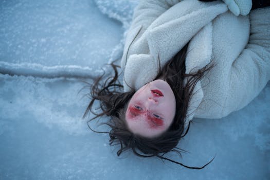 High-angle shot of a woman lying on snowy ground wearing a white coat.