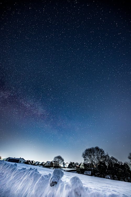 View of the Starry Sky at Night from the Snow Covered Ground