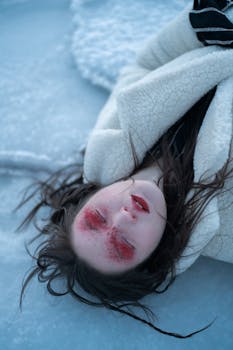 A woman with red eye makeup in a white coat rests on a snowy surface, embracing winter.