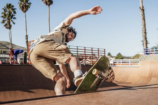 A skilled skateboarder in action at a sunny skate park in Cayucos, California.