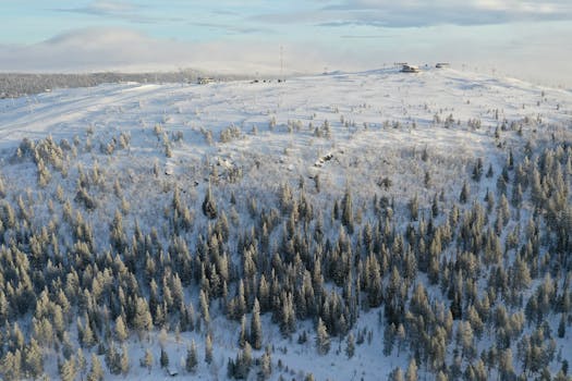 Aerial view of a snow-covered landscape in Dalarnas län, Sweden, captured in winter.