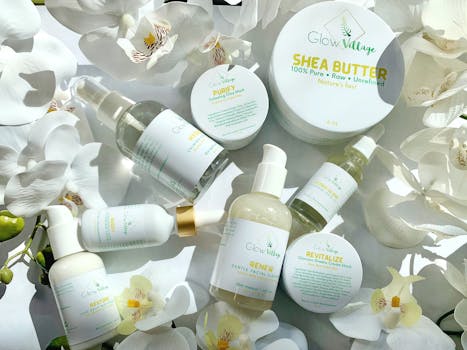 Flat lay of Glow Village skincare products surrounded by white orchids for a natural beauty theme.