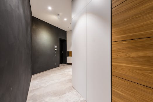 Sleek modern hallway with wood paneling and minimalist design, perfect for contemporary interiors.