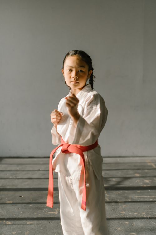 Free A determined child wearing a martial arts uniform poses confidently indoors. Stock Photo