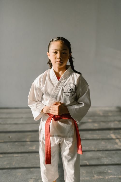 Free A young girl posing confidently in a martial arts uniform with a red belt. Stock Photo