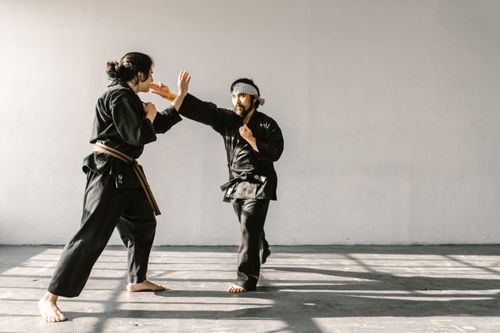 Free Two martial artists sparring in an indoor dojo wearing traditional black attire. Stock Photo