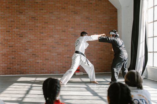 Free Martial artists practicing techniques indoors with sunlit brick background. Stock Photo