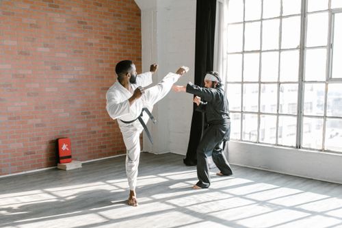 Free Two martial artists sparring in a sunlit dojo, showcasing discipline and skill. Stock Photo