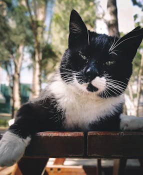 一只迷人的黑白猫正聚精会神地坐在木制表面，盯着外面