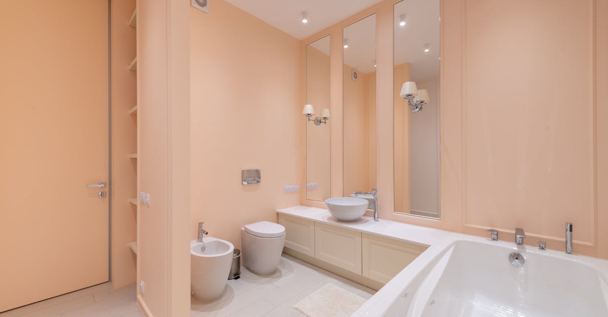 Interior of spacious bathroom with beige walls and clean white bath and sink placed near toilet and bidet