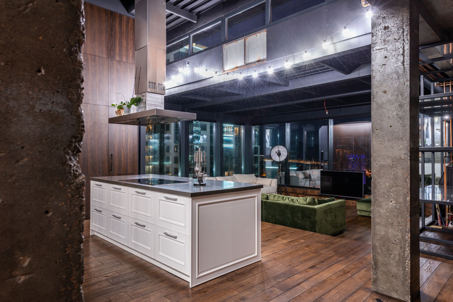 Open living and kitchen space lined in plywood with a concrete floor