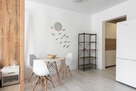 Contemporary dining room with table and chairs against decorative dragonflies and mirror on wall at home with refrigerator and shelves