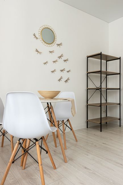 Table with bowl between chairs and shelves against wall with mirror and decorative dragonflies at home