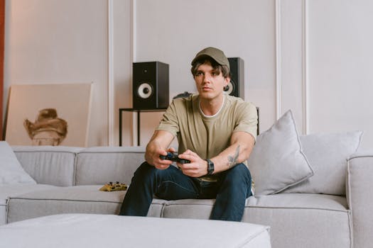 A young man wearing a cap and headphones enjoys gaming on a sofa with a controller.