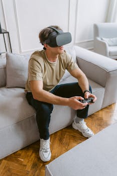Young adult man engaged in virtual reality gaming, sitting on a sofa wearing VR headset.