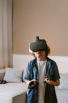 Child enjoying a virtual reality game in a cozy indoor setting, exploring the digital world.