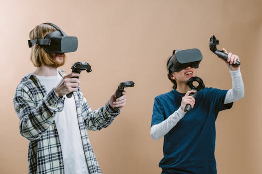 Two young adults enjoying immersive virtual reality gaming with VR headsets and controllers indoors.