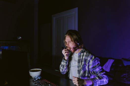 A man enjoying snacks while gaming in a dimly lit room, immersed in his screen.