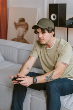 Casually dressed young man focused on playing video games indoors