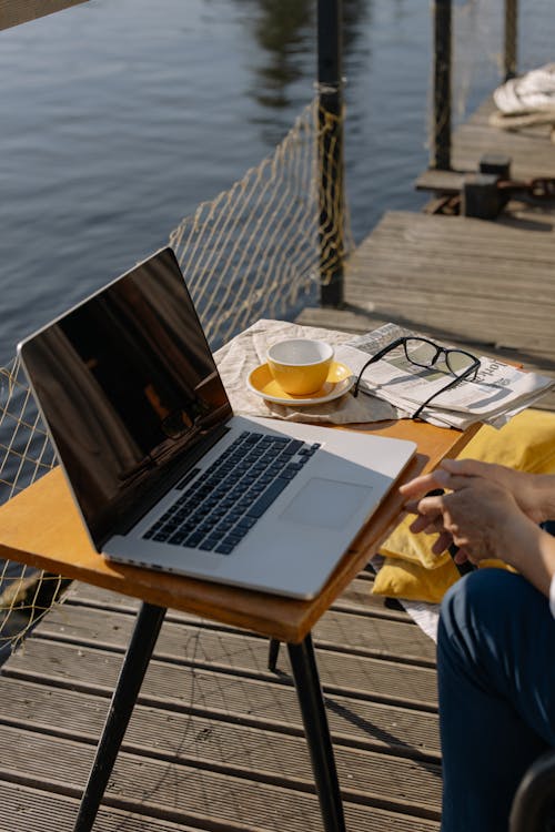 Person Using a Laptop near the Sea