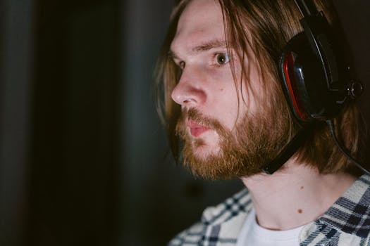 Close-up of a focused adult playing games with a headset, looking intently.