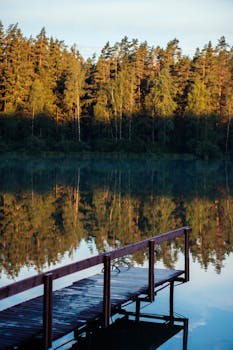 秋季的湖面宁静，倒映着码头和森林，非常适合自然爱好者
