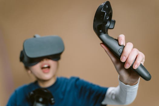 Enthusiastic woman using VR headset and controller indoors.