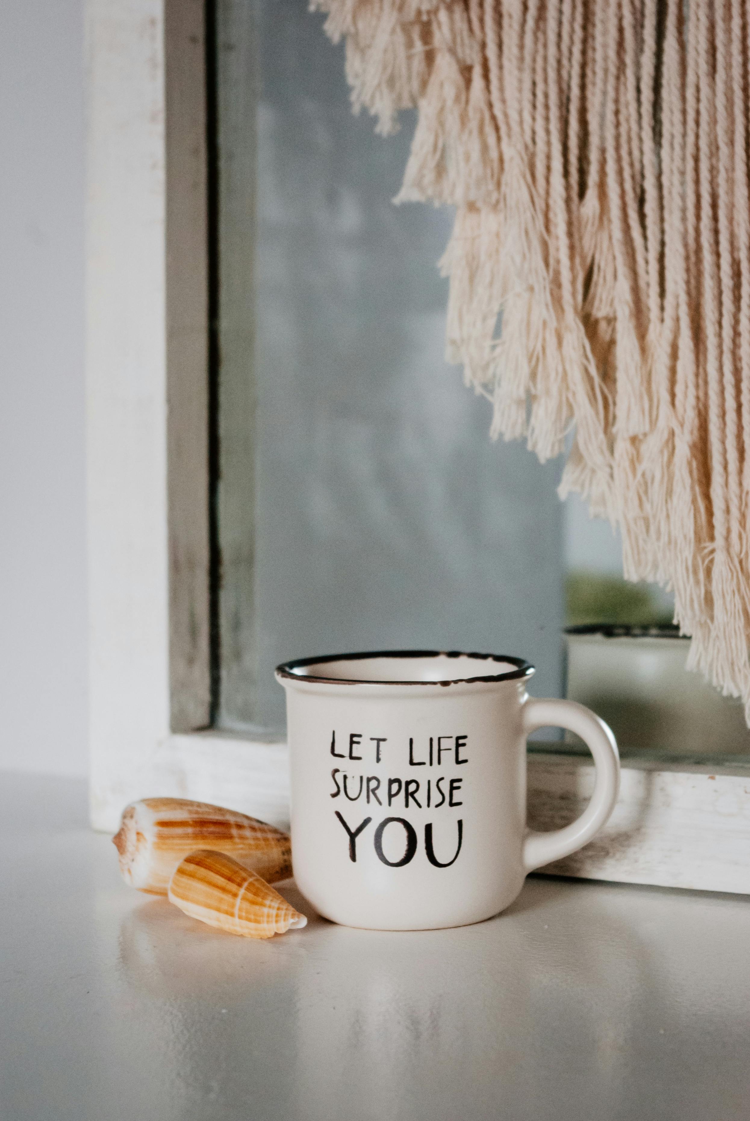 Cozy scene featuring a mug with 'Let Life Surprise You' text, surrounded by seashells.