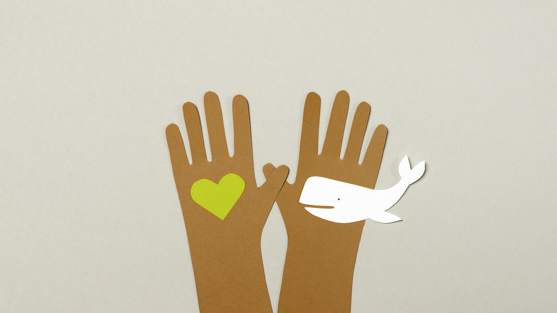 Paper cutout hands holding a heart and whale symbolizing empathy and environmental conservation.