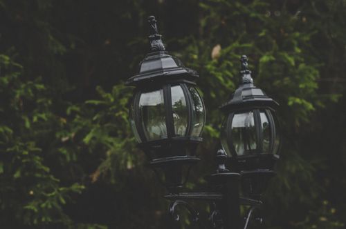 Free Close-up of vintage street lamps surrounded by lush green trees, creating a moody forest atmosphere. Stock Photo