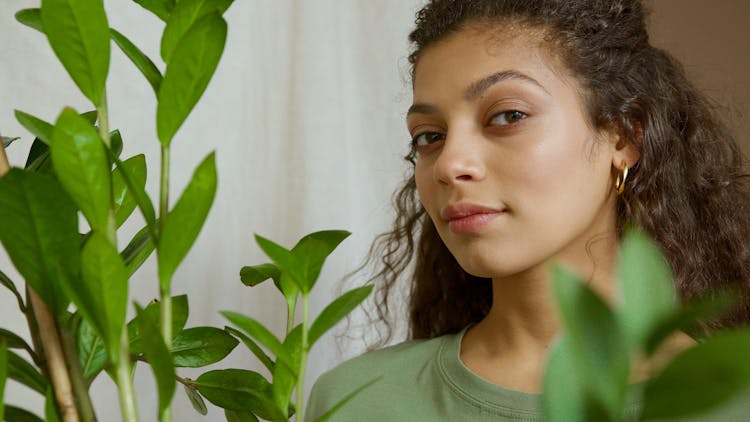 Woman In Green Crew Neck Shirt