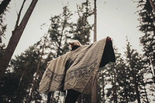 在秋叶环绕的森林中，裹着舒适的民族毛毯，享受宁静的散步