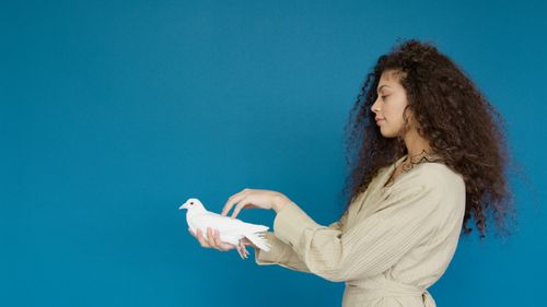 Free Young woman with curly hair gently holding a white dove against a vivid blue background. Stock Photo